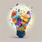 Glowing light bulb with flowers and petals
