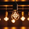 Glowing light bulbs with atomic energy symbol, showing nuclear powered electricity