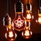 Glowing light bulbs with atomic energy symbol, showing nuclear powered electricity