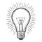 Glowing light incandescent bulb with ray. Vector vintage engraving