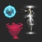 Glowing magic lightning set, energy ball, neon fantasy tornado, realistic vector illustration on dark background