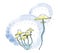 Glowing magic mushrooms toadstools. Humorous drawing of a watercolor. Isolated on a white background