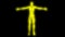 Glowing man with raised arms. Internal smoke effect in body silhouette. 3d rendering illustration. Yellow color