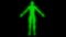 Glowing man raising arms. Internal smoke effect in body silhouette. 3d rendering illustration. Green color