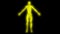 Glowing man raising arms. Internal smoke effect in body silhouette. 3d rendering illustration. Yellow color