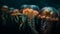 Glowing medusa tentacles swim in dark waters generated by AI