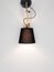 A glowing modern lamp on a light wall with free space. Black lamp