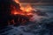 glowing molten lava meeting the ocean, creating steam