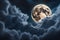 Glowing moon veiled behind a swirling blanket of dark clouds generated by Ai