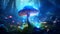 Glowing mushroom in wizard forest emits mystical light, creating a magical and captivating scene