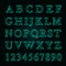 Glowing neon alphabet with letters from A to Z and numbers from 1 to 0. Trend color - aqua Menthe