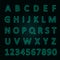 Glowing neon alphabet with letters from A to Z and numbers from 1 to 0. Trend color - aqua Menthe