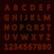 Glowing neon alphabet with letters from A to Z and numbers from 1 to 0. Trend color - lush lava