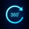 Glowing neon Angle 360 degrees icon isolated on brick wall background. Rotation of 360 degrees. Geometry math symbol