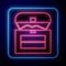 Glowing neon Antique treasure chest icon isolated on black background. Vintage wooden chest with golden coin. Vector