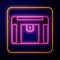 Glowing neon Antique treasure chest icon isolated on black background. Vintage wooden chest with golden coin. Vector