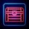 Glowing neon Antique treasure chest icon isolated on blue background. Vintage wooden chest with golden coin. Vector