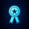 Glowing neon Award medal with star and ribbon icon isolated on brick wall background. Winner achievement sign. Champion