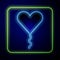 Glowing neon Balloon in form of heart with ribbon icon isolated on blue background. Valentines day. Vector