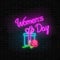 Glowing neon banner of 8 march holiday on dark brick wall background. Spring world women day greeting card