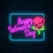 Glowing neon banner of world womens day on dark brick wall background. Spring greeting card to march 8.