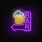Glowing neon beer bar signboard with arrow on dark brick wall background. Luminous advertising sign