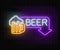 Glowing neon beer pub signboard in rectangle frame with arrow on dark brick wall background.