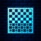 Glowing neon Board game of checkers icon isolated on brick wall background. Ancient Intellectual board game. Chess board