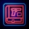 Glowing neon Book with pistol or gun icon isolated on blue background. Police or military handgun. Small firearm. Weapon