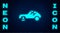 Glowing neon Broken car icon isolated on brick wall background. Car crush. Vector Illustration