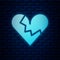 Glowing neon Broken heart or divorce icon isolated on brick wall background. Love symbol. Valentines day. Vector