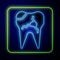 Glowing neon Broken tooth icon isolated on blue background. Dental problem icon. Dental care symbol. Vector Illustration