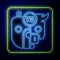Glowing neon Bull and bear symbols of stock market trends icon isolated on blue background. The growing and falling