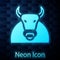 Glowing neon Bull icon isolated on brick wall background. Spanish fighting bull. Vector
