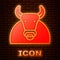 Glowing neon Bull icon isolated on brick wall background. Spanish fighting bull. Vector