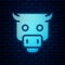 Glowing neon Bull market icon isolated on brick wall background. Financial and stock investment market concept. Vector