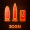 Glowing neon Bullet and cartridge icon isolated on brick wall background. Vector