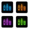 Glowing neon Bullet and cartridge icon isolated on white background. Black square button. Vector