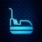 Glowing neon Bumper car icon isolated on brick wall background. Amusement park. Childrens entertainment playground