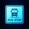 Glowing neon Bus stop icon isolated on brick wall background. Vector