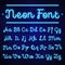 Glowing neon calligraphic letters on dark. Vector alphabet signs