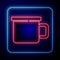 Glowing neon Camping metal mug icon isolated on blue background. Vector