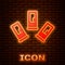 Glowing neon Cartridges icon isolated on brick wall background. Shotgun hunting firearms cartridge. Hunt rifle bullet