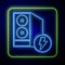 Glowing neon Case of computer icon isolated on blue background. Computer server. Workstation. Vector