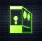 Glowing neon Case of computer icon isolated on brick wall background. Computer server. Workstation. Vector