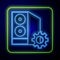 Glowing neon Case of computer setting icon isolated on blue background. Computer server. Workstation. Adjusting, service