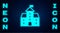 Glowing neon Castle icon isolated on brick wall background. Medieval fortress with a tower. Protection from enemies