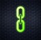 Glowing neon Chain link icon isolated on brick wall background. Link single. Hyperlink chain symbol. Vector