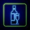 Glowing neon Champagne bottle with glass icon isolated on blue background. Vector