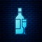 Glowing neon Champagne bottle with glass icon isolated on brick wall background. Vector